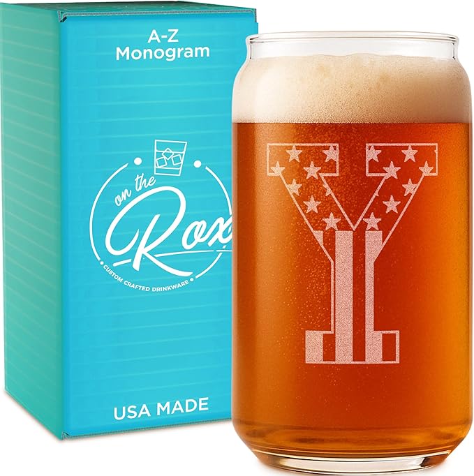 Monogram Beer Glasses for Men (A-Z) 16 oz - Beer Gifts for Men Brother Son Dad Neighbor - Unique Gifts for Him - Personalized Drinking Gift Beer Glass Mugs - Engraved Beer Can Glass (Y)
