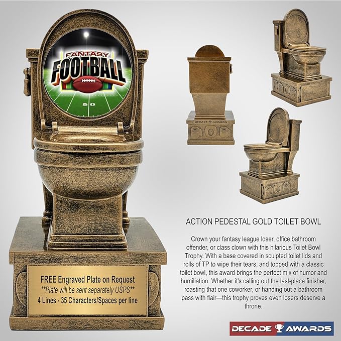 Decade Awards Action Pedestal Gold Toilet Bowl Trophy with Optional Inserts - Custom Engraved Plate On Request (7 Inch Tall)