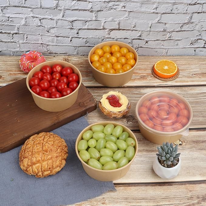 24 oz Disposable Kraft paper bowls with lids, Food containers Soup Bowls Party Supplies Treat Bowls 50 Pack