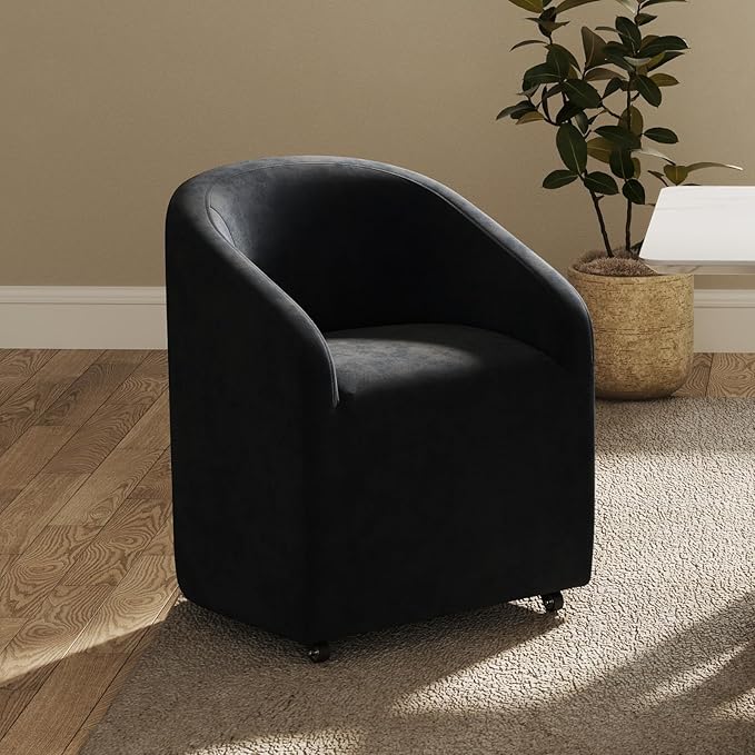 Modern Barrel Dining Chair with Rolling Casters, Upholstered Velvet Swivel Dining Room Chair with Wheels for Kitchen Living Room Home Office, Black