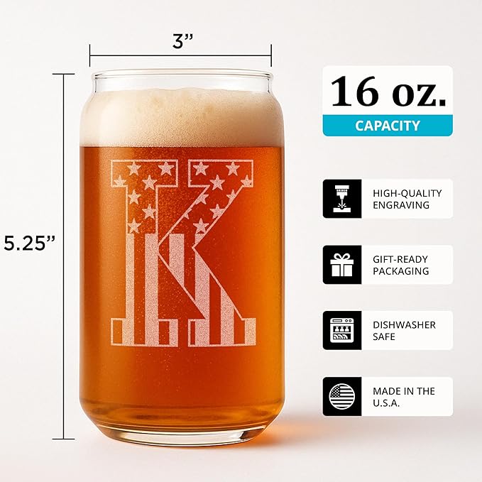Monogram Beer Glasses for Men (A-Z) 16 oz - Beer Gifts for Men Brother Son Dad Neighbor - Unique Gifts for Him - Personalized Drinking Gift Beer Glass Mugs - Engraved Beer Can Glass (K)