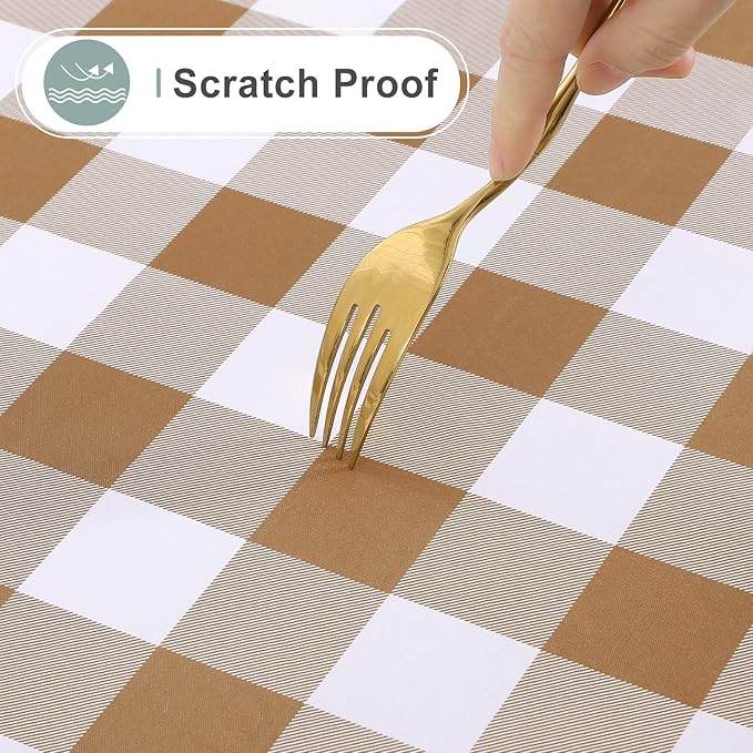 misaya Rectangle Waterproof Vinyl Table Cloth, Buffalo Flannel Backed Tablecloth, Wipeable Plastic Table Cover for Dinner, Kitchen, Outdoor (54" x 78", Brown and White)