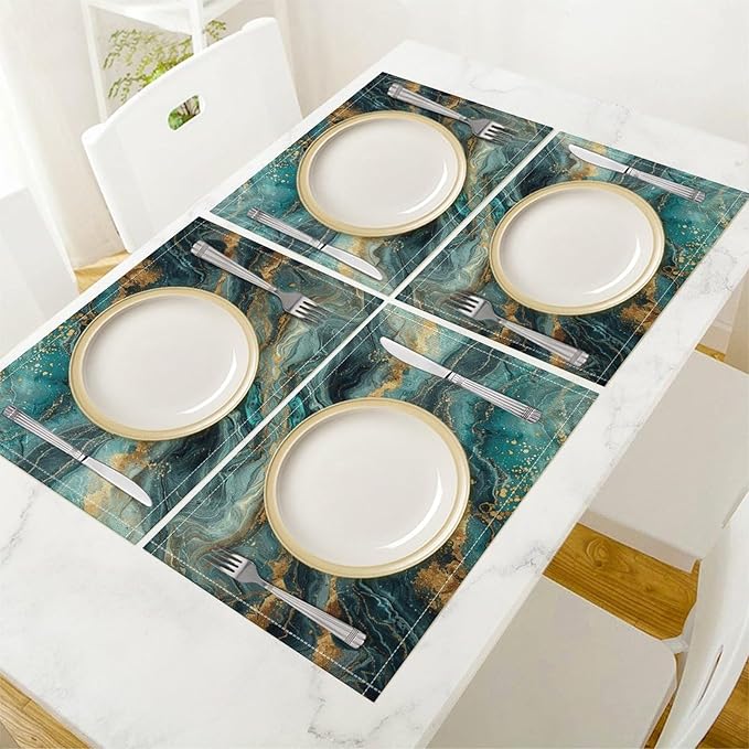 Marble Linen Place Mats Set of 4, 12x17 Inch Modern Abstract Foil Stone Texture Teal Gold Marble Washable Fabric Non-Slip Placemats for Home Dining Table Banquets Party Kitchen Decoration