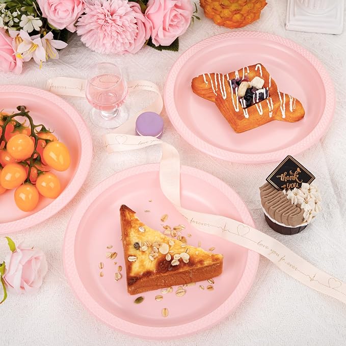 WELLIFE Pink Party Plates 7 Inch -150 Count, Disposable Plastic Light Pink Dessert Plates for Valentine's Day Party Cake Easter Mother's Day Baby Shower Appetizer