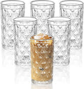 Vintage Diamond-Pattern Drinking Glasses Set of 6 – 14 oz Clear Highball Glass Cups – Embossed Retro Glassware for Water, Cocktails, Juice, Milk – Durable Thick Glass, Dishwasher Safe