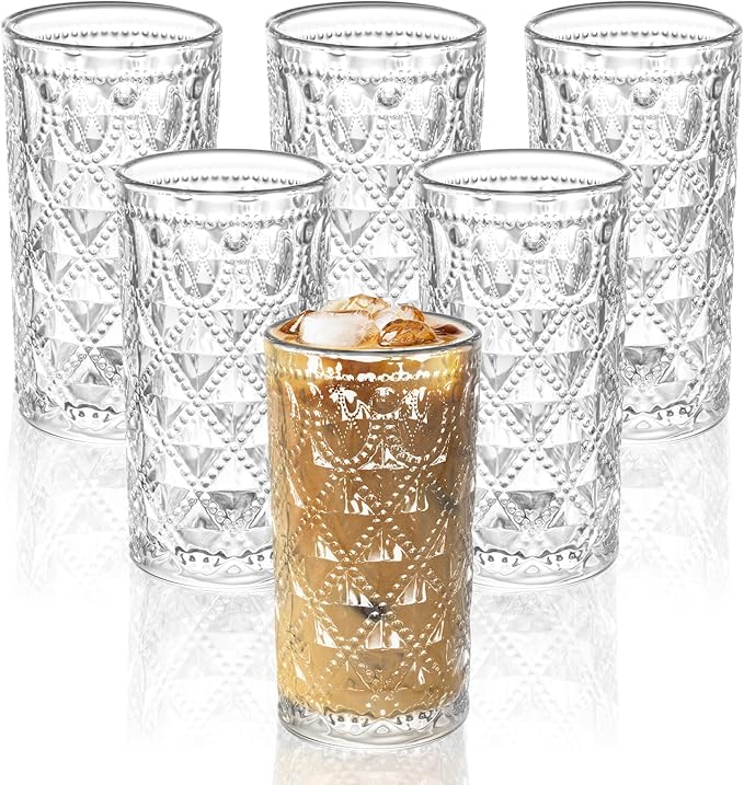 Vintage Diamond-Pattern Drinking Glasses Set of 6 – 14 oz Clear Highball Glass Cups – Embossed Retro Glassware for Water, Cocktails, Juice, Milk – Durable Thick Glass, Dishwasher Safe
