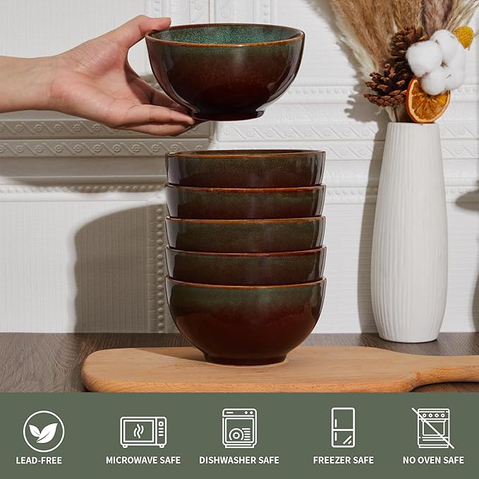Stoneware Cereal Bowls Set of 6, 22 Oz Soup Bowls Set for Cereal Soup Snacks, Modern Kitchen Bowls for Meal, Dishwasher & Microwave Safe-Brown and Green
