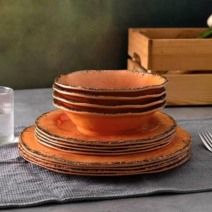 LEHAHA Melamine Vintage Cereal Bowl Set, 7”x 2”, Orange BPA free Melamine Bowls Set of 6, Unbreakable Bowls for Cereal, Soup, Rice, Salad and Snacks, Dishwasher Safe