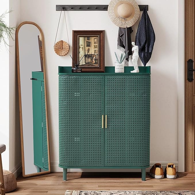 ORRD Shoe Cabinet, 5 Tier Boho Wooden Shoe Storage Organizer Cabinet with Adjustable Shelves, Shoes Rack with Iron Rattan Curved Doors Accent Cabinet for Entryway Hallway Living Room, Green