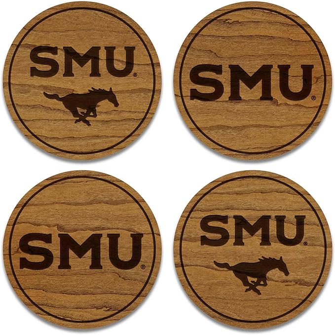 LazerEdge Southern Methodist Mustangs Wooden Coaster Set - Cherry Wood - Officially Licensed Product - 4-Pack