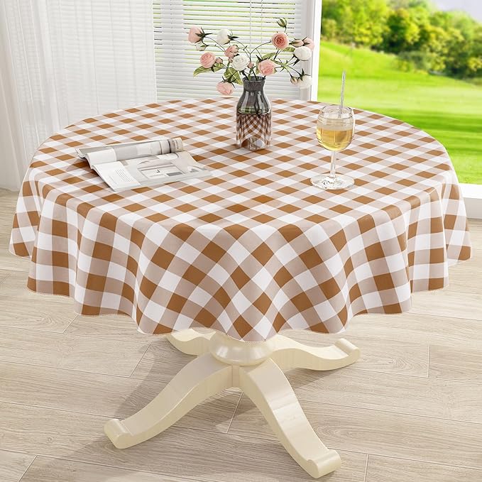 misaya Round Waterproof Vinyl Table Cloth, Buffalo Flannel Backed Tablecloth, Wipeable Plastic Table Cover for Dinner, Kitchen, Picnic (60", Brown and White)