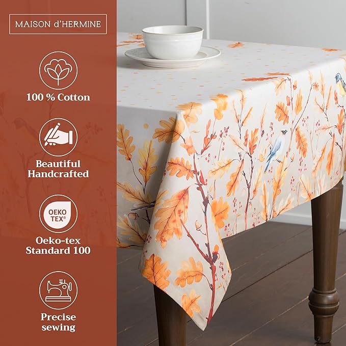 Maison d' Hermine Table Cloth Rectangle Table 100% Cotton 54 x 72 Inches Fall Tablecloth Reusable Everyday Use for Thanksgiving Christmas Decorations Dining Farmhouse Party (Oak Leaves)