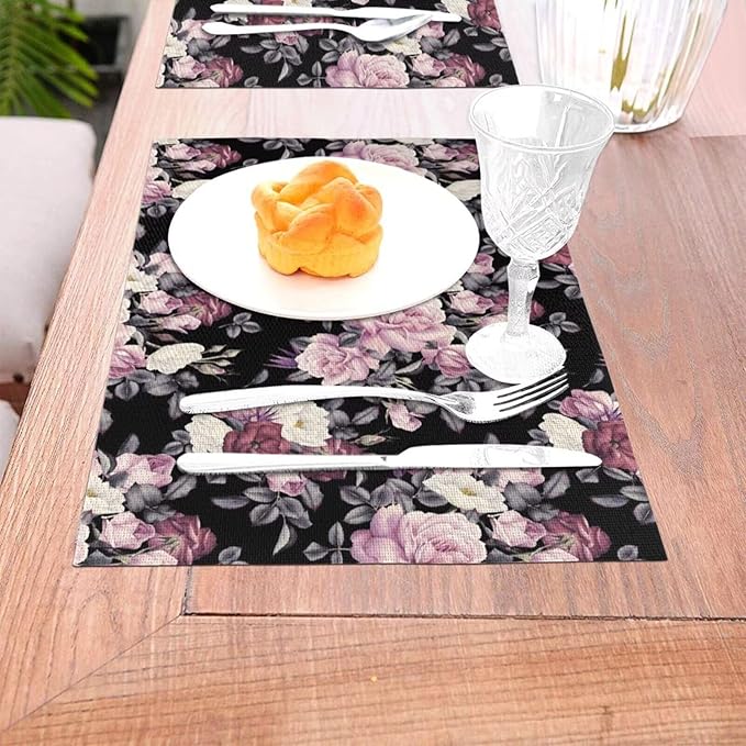 Vintage Floral Placemats Set of 4 Pink Rose Peony Flower Blossom Black Wipeable Table Mats Reusable Washable PVC Rectangle Place Mats for Kitchen Dining Home Decor 12x18 Inches