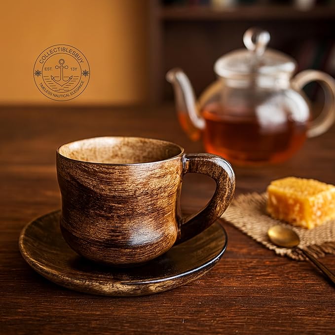 collectiblesBuy Eco-Friendly Espresso Wooden Cup With Saucer Coffee Tea Drinking Tableware Rustic Handcrafted Natural Retro Style