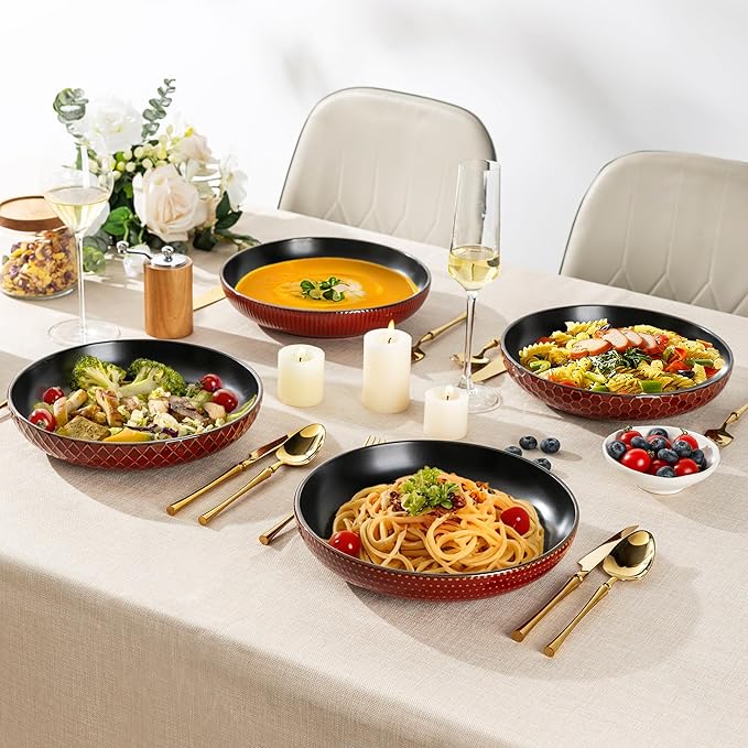 GBHOME 8.5'' Large Pasta Bowls, 36 Ounce Stoneware Salad Bowls for Kitchen, Ceramic Serving Bowls With Textured Pattern for Pasta,Fruit, Stews,Noodle, House-warming Gift, Set of 4-Rythmic Red