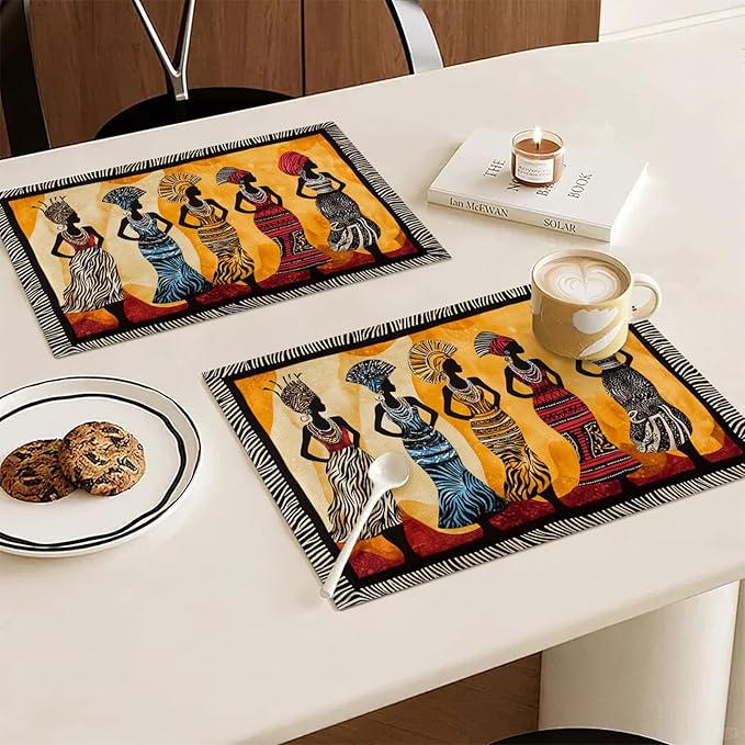Kwanzaa Placemats Set of 6, African American Christmas Table Mats, Black Women Washable Place Mats for Coffee Bar Home Party Indoor Kitchen Dining Table Decoration 12x18 Inch