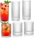 Ribbed Drinking Glasses 6pcs, 12oz and 10oz Glassware, Tumbler Glasses Cup Set for Wedding, Party, Christmas Gift, Clear