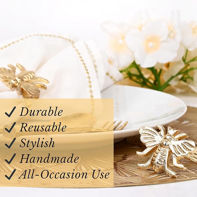 CLEENTABLE Elegant Bee Napkin Rings Set of 12 - Decorative Metal Napkin Rings Holiday Napkin Holders for Table Settings, Special Occasions, Decor & Gift Giving Ideas (Gold)