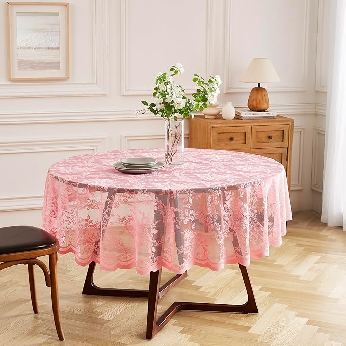 Warm Home Designs 36 Inch Round Tablecloth with English Rose Design. Use as Small Round Tablecloth, Lace Table Cloth or Coffee Table Cover. Small Pink Table Linen for 2-4 Guests. (LTC Rose 36)