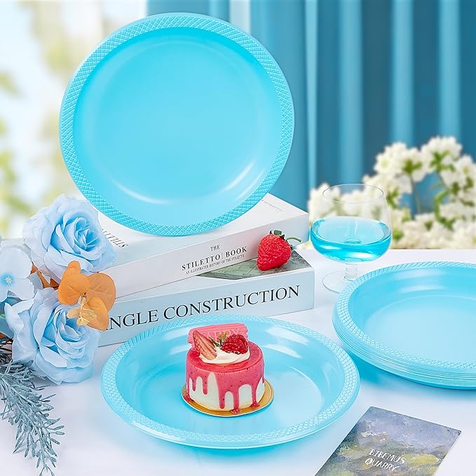 WELLIFE Light Blue Party Plates 9 Inch -150 Count, Disposable Plastic Baby Blue Dinner Plates for Party Dessert Cake Appetizer Baby Shower
