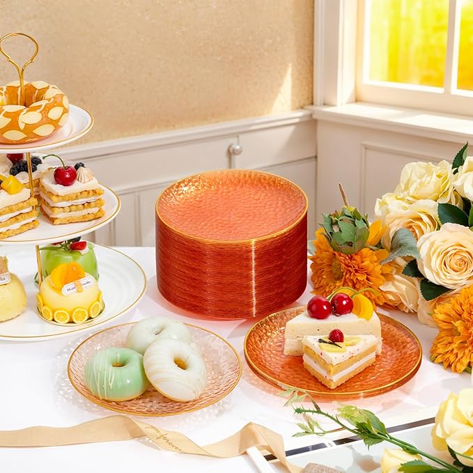 Rubtlamp 100 Pcs Clear Orange Gold Plastic Plates, Hammered Orange Party Plates,Heavy duty Dessert Plates,Disposable Salad/Dessert Platos,Clear Gold Plastic Platos 7 Inch For Thanksgiving,Halloween