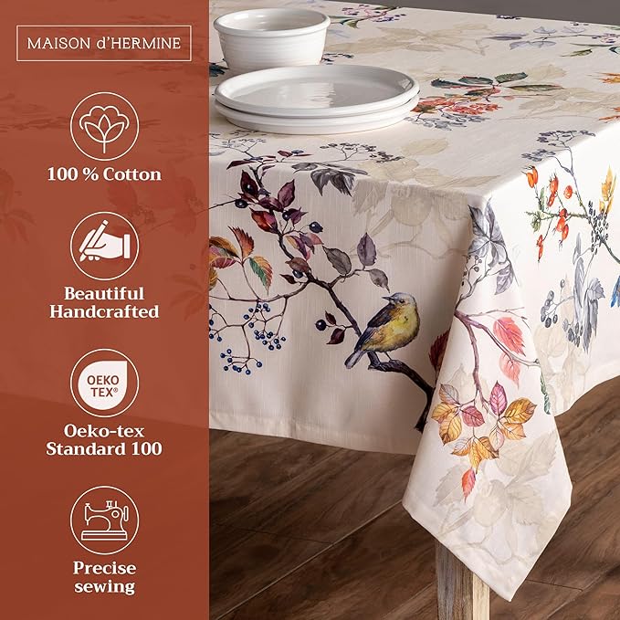 Maison d' Hermine Table Cloth Square Table 100% Cotton 60 x 60 Inches Fall Tablecloth Reusable Everyday Use for Thanksgiving Christmas Decorations Dining Farmhouse Party (Equinoxe - Beige)