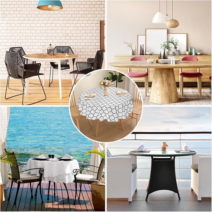 Smiry Round Plastic Table Cloth, Waterproof Vinyl Tablecloth with Flannel Backing for Round Tables, Wipeable Spillproof for Dining, Camping, Indoor and Outdoor (60" Round, White)