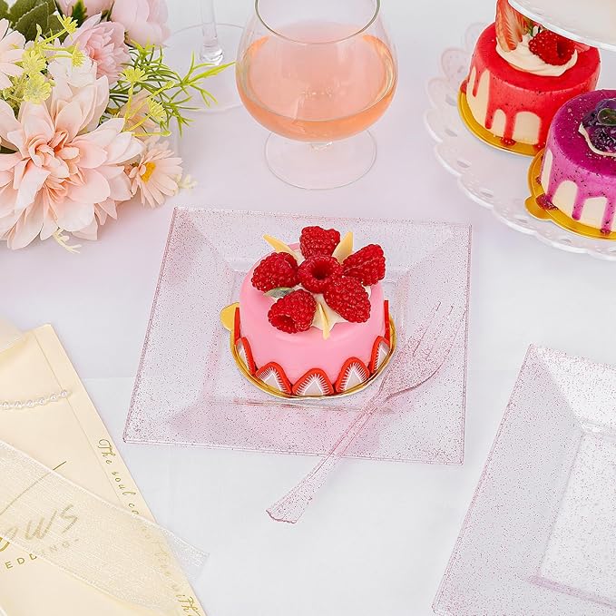DaYammi 200 Pcs Pink Dessert Plates Including 100Pcs Appetizer plates 6'',100Pcs Plastic Forks 5.7'',Rose Glitter Plastic Square Plate for Wedding,Pink Cake plates and forks for Valentine's Day Party