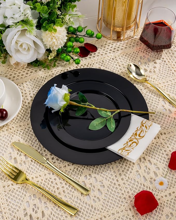 BESTVIP 100PCS Black Plastic Plates, 10.25 Inch Disposable Dinner Plate Party, Heavy Duty Disposable Plastic Plates - Ideal for Christmas Parties, Wedding and Birthday, Everyday Use, Lunch & Dinner