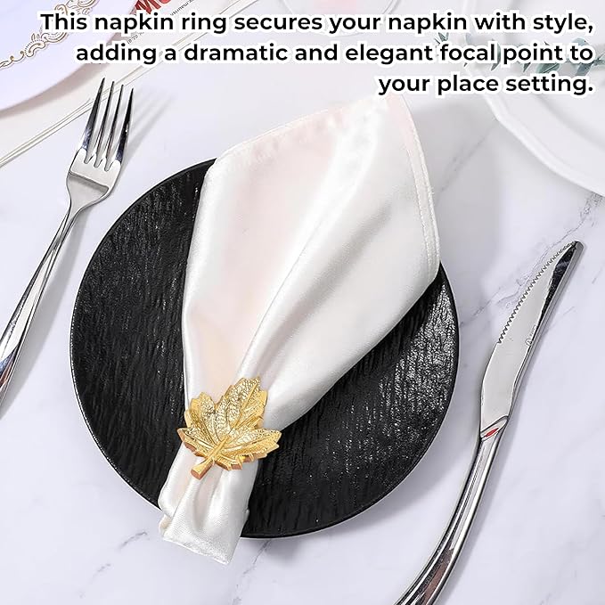CLEENTABLE Maple Leaf Napkin Rings Set of 12 - Handcrafted Aluminum Napkin Holders for Cloth & Paper Napkins, Elegant Table Décor for Weddings, Thanksgiving, Christmas & Holiday Parties (Gold)