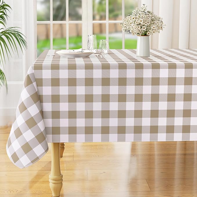 misaya Square Waterproof Vinyl Table Cloth, Buffalo Flannel Backed Tablecloth, Wipeable Plastic Table Cover for Dinner, Kitchen, Outdoor (60" x 60", Khaki and White)
