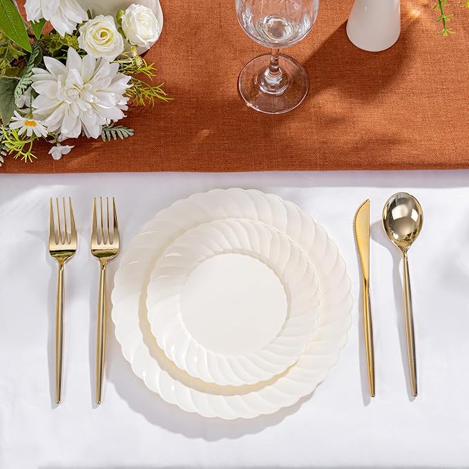 U-QE 100 Count 6 Inch Ivory Plastic Plates - Scalloped Dessert Plates Disposable - Premium Fancy Disposable Heavy Duty Party Supplies for Valentine's Day, Celebrations, Weddings and Events