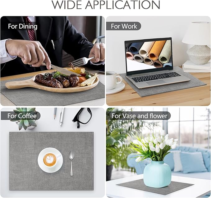 Faux Leather Placemats Set of 6 Washable Artificial Leather Table mats for Kitchen Table - Heat Resistant, Waterproof, Easy Clean, Anti Slip 11.8" x 17" (Light Grey-6 Pack)