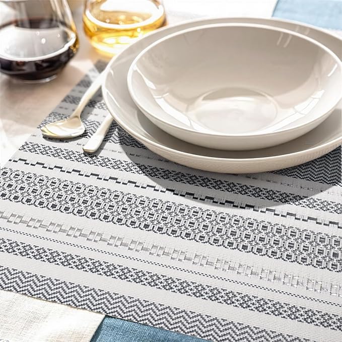 FAVE Boho Vinyl Placemats Set of 6, Durable Woven Place Mats Washable Heat Resistant PVC Table Mats for Parties,Weddings, Dining,Banquet(Gray, 6PCS)