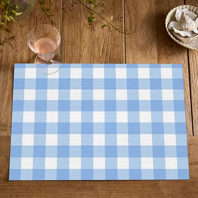 Artoid Mode Buffalo Plaid Vinyl Placemats Set of 4, 12x18 Inch Washable Non-Slip Heat Resistant Plastic Place Mats for Party Dining Table, Blue/White