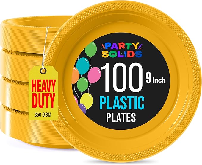 Yellow Plastic Plates For Party 9" Yellow Disposable Plates Heavy Duty 100 Pcs Plastic Dinnerware Sets Heavy Duty 350 GSM Disposable Dinnerware Set