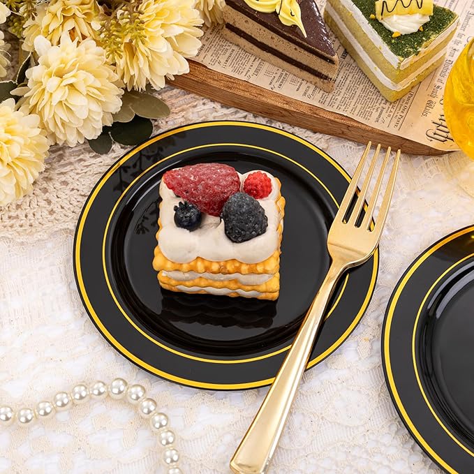 bUCLA 100PCS Black and Gold Plastic Plates - 6.25 inch Black Gold Premium Hard Disposable Dessert/Salad/Appetizer/Small Cake Plates for Party, Graduation & New year