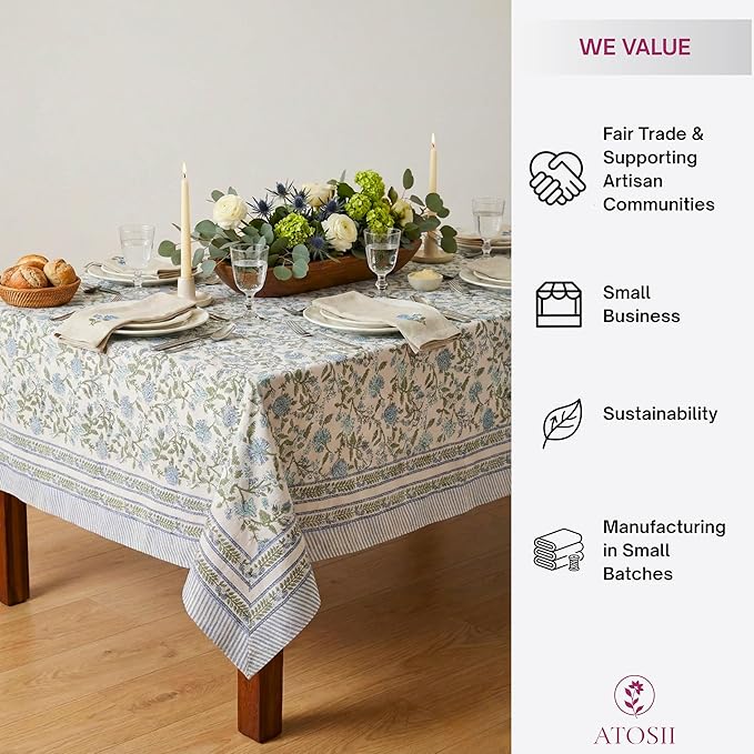 ATOSII Mahoka Blue 100% Cotton Fall Tablecloth, Handblock Floral Linen Table Cloth for Kitchen Dining Table I Parties Weddings Outdoors Easter Valentine's Gift I 60 X 90 Inches I 6 Seater