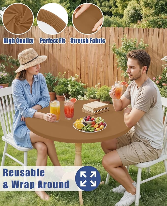 Round Spandex Tablecloth, Elastic Fitted Waterproof Tablecloths for 42"-50" Tables, Stretch Washable Picnic Table Cover for Camping, Dining, Indoor and Outdoor,Brown