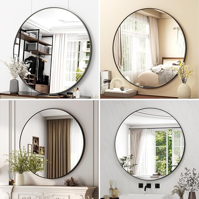 42 Inch Round Bathroom Mirror - Black Wall Mounted Circle Mirror with Metal Frame, Modern Round Hanging Mirror Suitable for Bathroom, Vanity, Entryway, Living Room