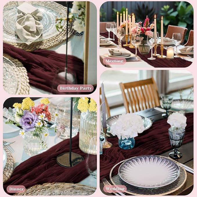 Burgundy Table Runner, 10 Ft 120 in Cheesecloth Table Runner, Rustic Fall Table Runners for Wedding, Party, Bridal Shower, Boho Table Runners for Christmas Thanksgiving Halloween