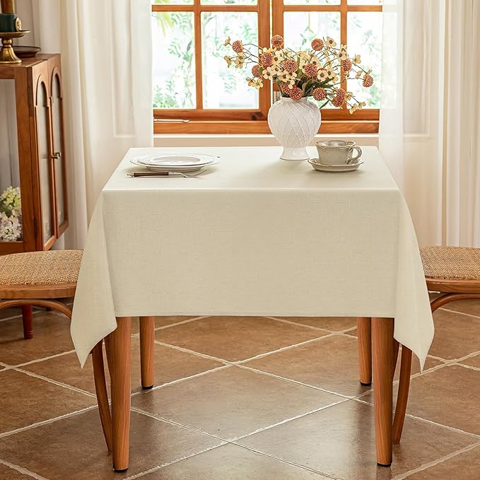 Beige Fabric 54 x 54 Inch Square Table Cloth Faux Linen Textured Water Resistant & Wipeable Card Tablecloth Reusable for Dining Kitchen Patio