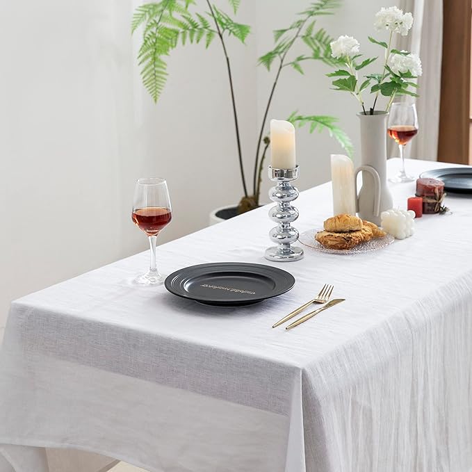 EVERLY Pure Linen Hemstitch Tablecloth,100% Stonewashed French Linen tablecloths for Kitchen Dining Rectangle Tables,60x108Inch Machine Washable Christmas Thanksgiving Organic Tablecloth-White