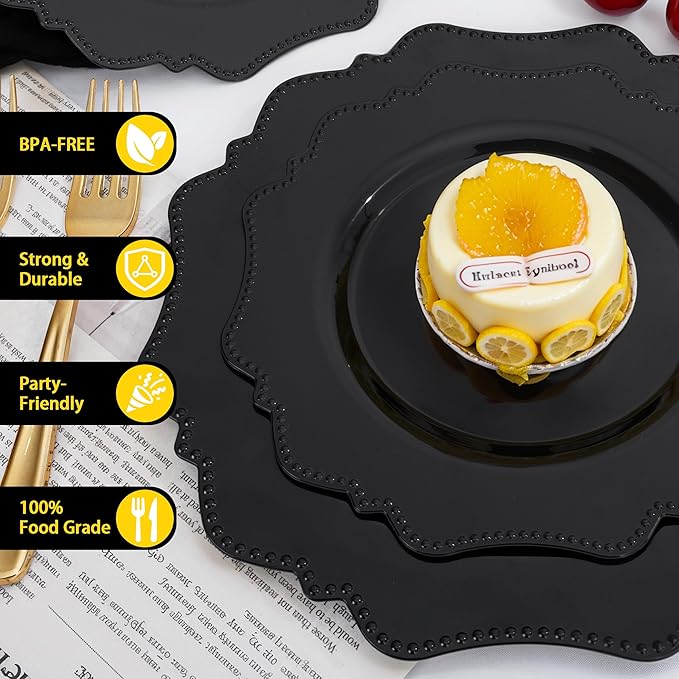 COLOSUS 100pcs Black Plastic Plates - Heavy Duty Black Plastic Plates Disposable for Party/wedding/New Year Include 50pcs Dinner Plates and 50pcs Dessert Plates.