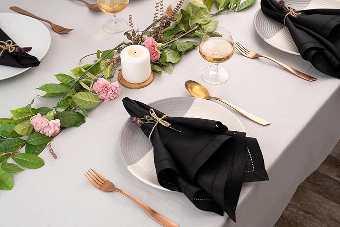 D'Moksha Homes Black Linen Napkins Set of 8 - Classic Hemstitch 100% Pure Linen Hemstitch Dinner Napkins 20 x 20 Inch for Spring, Easter - Handcrafted and Machine Washable