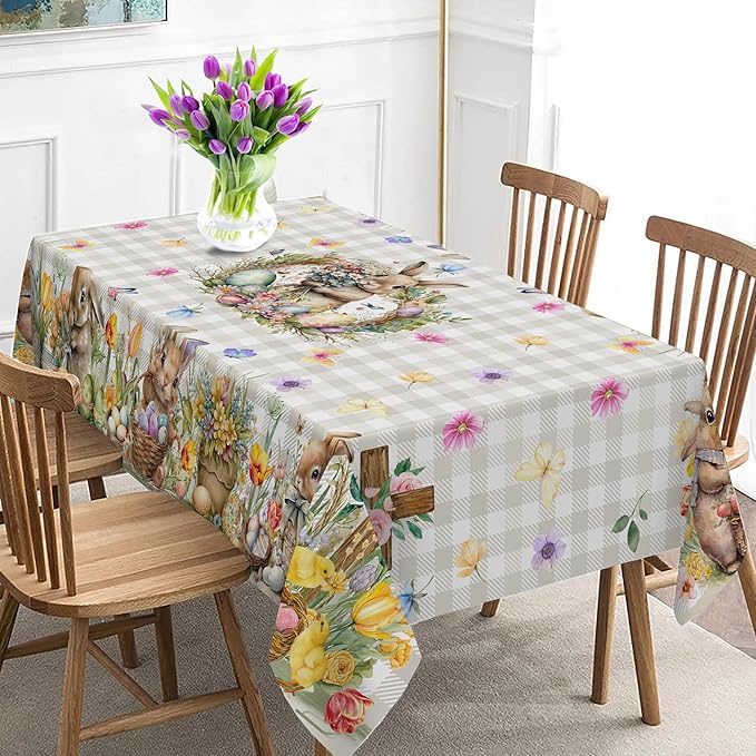 Easter Tablecloth Round 70 Inch, Easter Bunny Table Cloth Buffalo Check Plaid Kitchen Table Cover for Dining Room Spring Round Tablecloth Indoor Decor