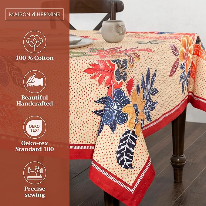 Maison d' Hermine Table Cloth Square Table 100% Cotton 54 x 54 Inches Fall Tablecloth Reusable Everyday Use for Thanksgiving Christmas Decorations Dining Farmhouse Party (Kalahari)