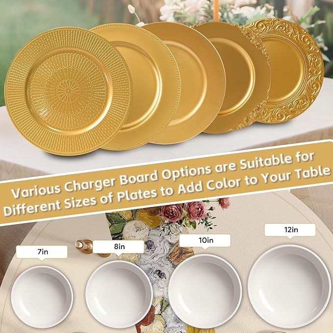 PROY 50 Pcs Gold Charger Plates Bulk, 13 Inch Beaded Gold Chargers for Dinner Plates Plastic Reusable Round Charger Platters for Table Setting, Wedding, Party, Event