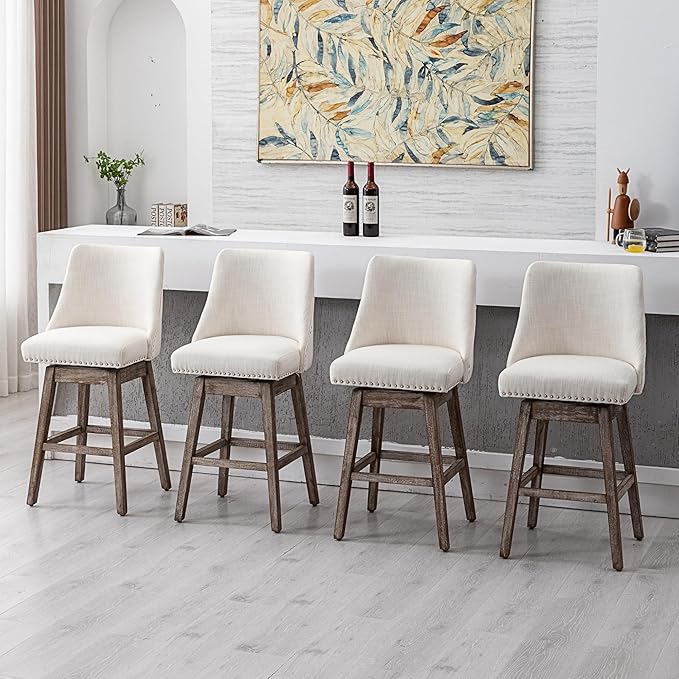 Counter Height Bar Stools Set of 4, Linen Fabric Mid Century Modern Swivel Barstool with Back & Wood Legs Comfy Upholstered Counter Chairs for Home Bar/Dining Room/Restaurant, Cream