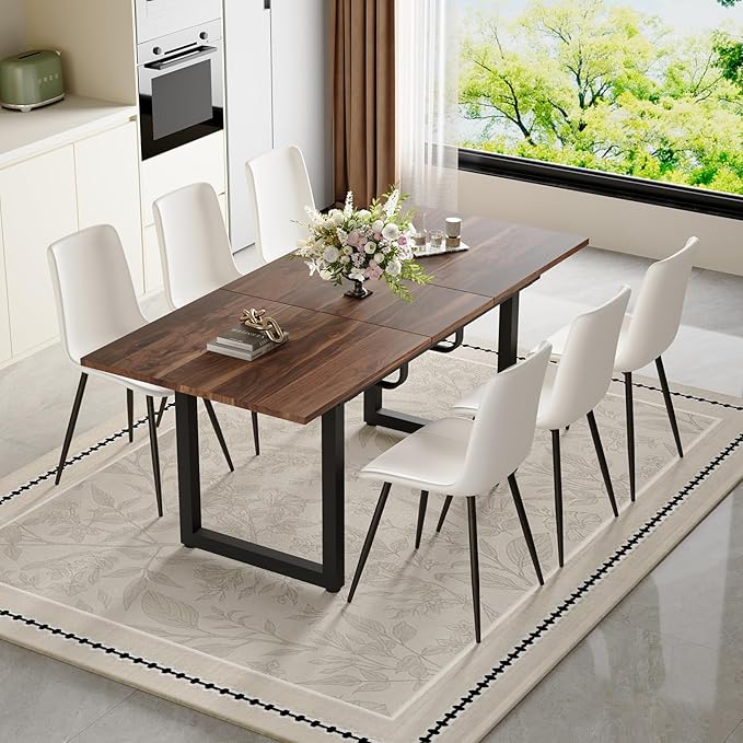 Extendable Dining Table Set for 6, 55"–71" Modern Wood Kitchen Table with 6 Upholstered Chairs, Space-Saving for Living Room Apartment, Sturdy & Comfortable, Easy Assembly